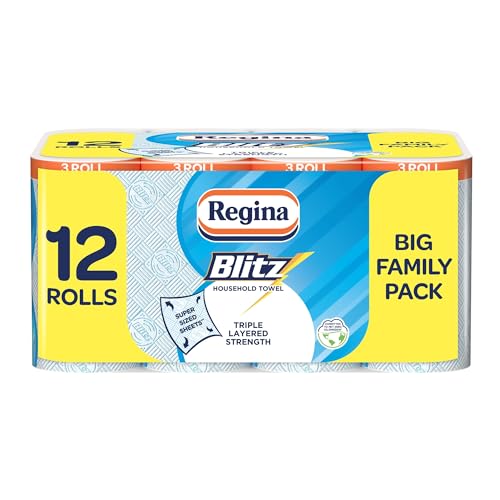 Regina Blitz Household Towels โ 12 Packs, 3-ply Kitchen Rolls, 70 Sheets Each, FSC Certified, Recyclable, 60% Larger Sheets