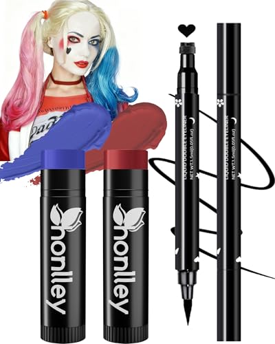 Honlley Halloween Harley/Joker Makeup Kit for Women Girls Costume Cosplay | Red Blue Face Body Paint Grease Stick + Black Liquid Eyeliner Stamp Pen for Clown Party Accessories