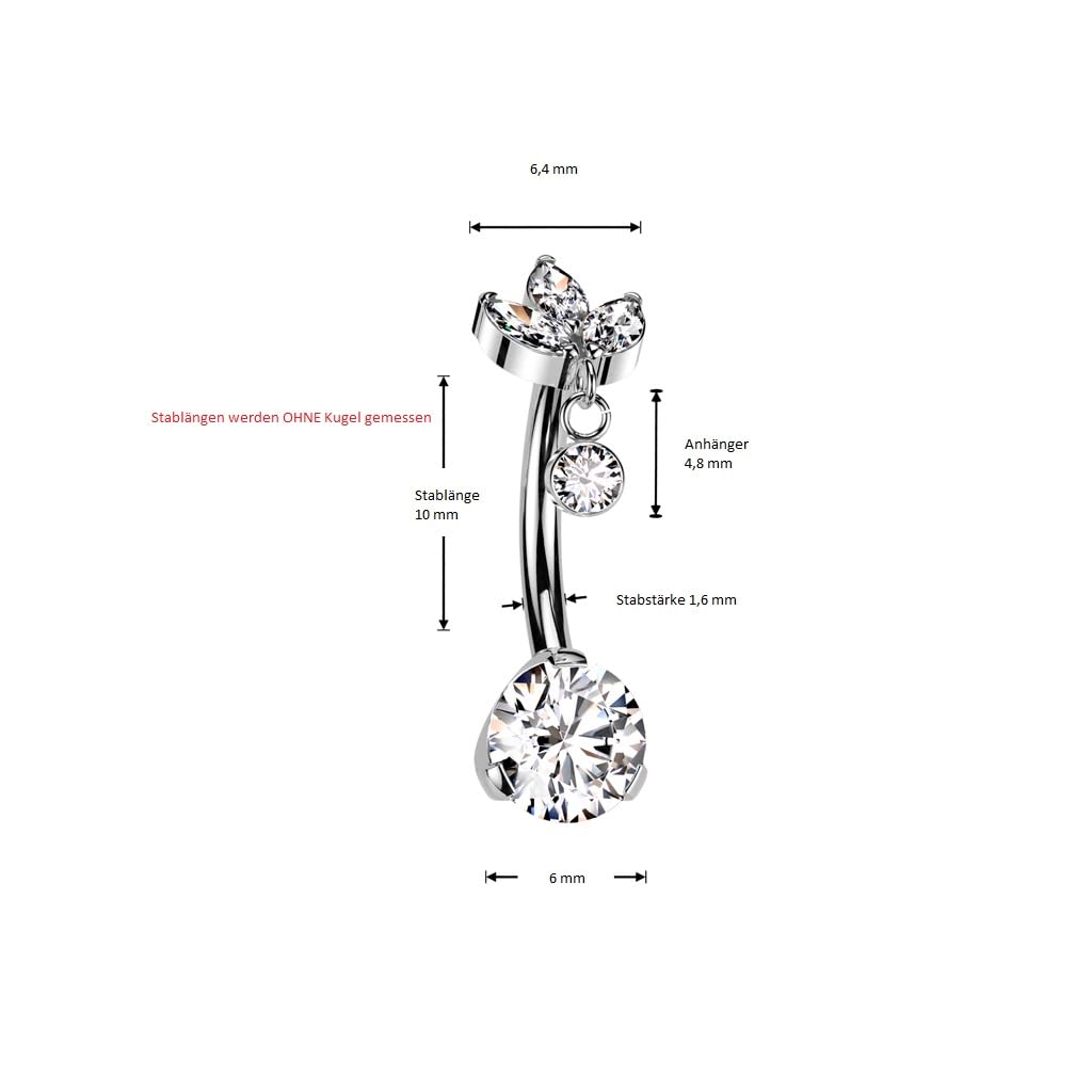 Paula & Fritz® Push-In Piercing Bauch-nabelpiercing Blüte Anhänger Zirkonia Titan-ium Grade 23 1,6-mm Stab-Dicke Gewindelos Bananabell Nabelpiercing