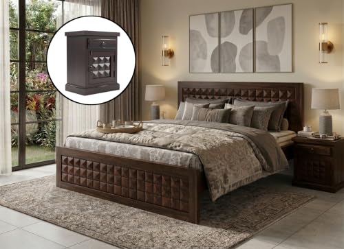 Image of Diamond Solid Sheesham Wood King Size Bed Without Storage & with 2 Bedside Table|Wooden Box King Size Double Cot Bed Without Storage Box for Home,Bedroom,Living Room,Hotel|Walnut Finish