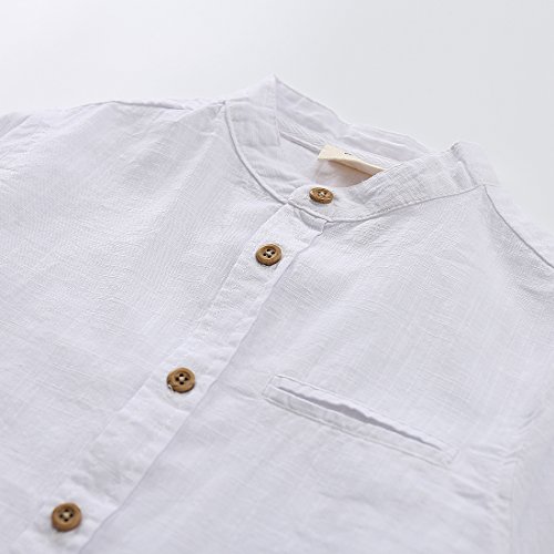 Momoland Boys Long Sleeve Mandarin Collar Woven Button Down Shirt Linen Design White Blue (6Y, Off White) #TOP2