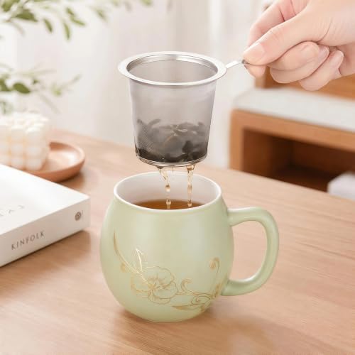Image of Yundu 12 OZ Ceramic Mug with Lid & Tea Strainer - Matte Light Green Tea Cup with Golden Flower, Stainless Steel Infuser for Loose Leaf Tea