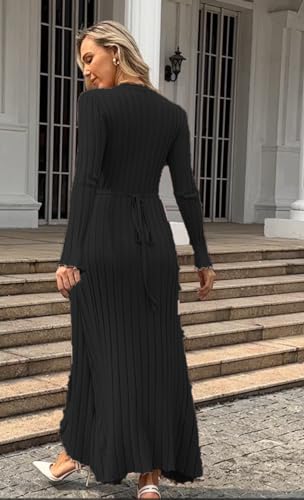 Image of Women's Long Sleeve Sweater Dress Ankle Length Fall Dress Vneck Knit Winter Dress