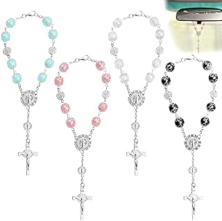 4 Pcs Rosary Beads Catholic, FineGood Cross Car Mirror Hanging Accessories for Women Blessing Rear View Mirror Pendant Car Decor Interior