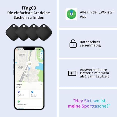 Air Tracker Tags 4 Pack (iOS Only, Not for Android) Bluetooth Luggage Tracker Tags Works with Apple Find My, Key Finder and Item Locator for Luggage, Backpack, Suitcases, Replaceable Battery — view 6