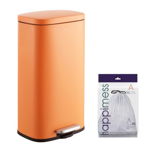 Image of happimess Curtis 8 Gal Step Trash Can Soft Close 25 inch, Carrot Cake | Iron Construction, Satin Finish, Removable Liner, Steel Pedal, 20 Trash Bags Included, Kitchen Office Bin