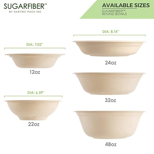 [ 500 Set] Sugarfiber 32Oz Round Bowls With Dome Lids - Compostable Eco-Friendly Containers Made Plant Fibers For Meal Prep Takeout Dinnerware Plates Catering.100% By-Product #TOP2