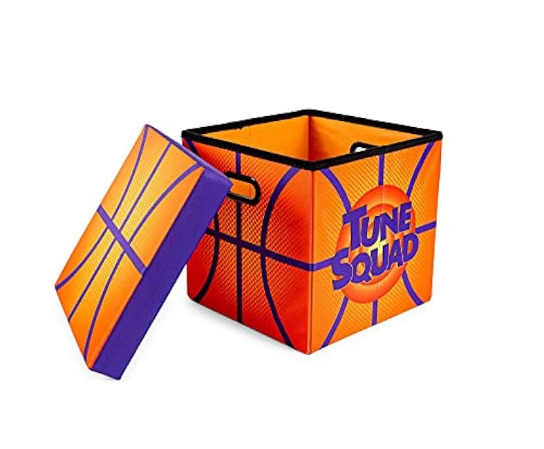Wikoo Space Jam: A New Legacy Orange 15-Inch Foldable Storage Bin Chest with Lid | Fabric Basket Container, Cube Organizer with Handles | Brown Cubby Cube, Closet Organizer | Sports Basketball Gifts