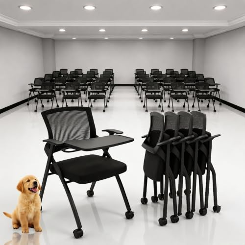 Image of 4 Pack Folding Training Chair with Desk Attached & Cup Holder,Foldable Office Chair with wheels for Seminar & Classroom-Conference Guest Mesh Back & Padded Seat Chair-Flip-Top Desk Chair for Meeting
