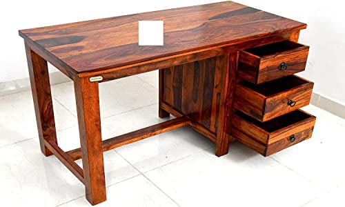 Image of Wooden Study Writing Table with 3 Storage Drawer for Study Room Living Room Hall Home Office Soild Sheesham Wood | Honey Finish