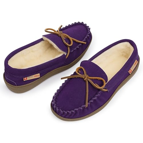 Image of Alpine Swiss Sabine Womens Moccasin Slippers Genuine Suede House Shoe Memory Foam Insole Plush Faux Shearling Fur Indoor Outdoor Anti-Slip Rubber Sole