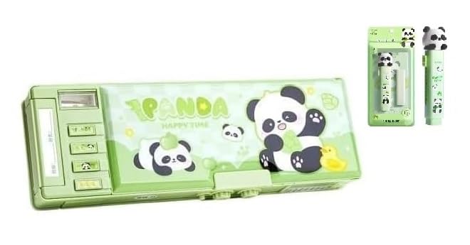 Image of Invite New Cartoon Theme Pencil Box with Push Pull Eraser Set for Kids | Suitcase Style Password Lock Stationery Organizer | School Supplies Gift Combo for Boys & Girls (Panda Green Compass + Eraser)