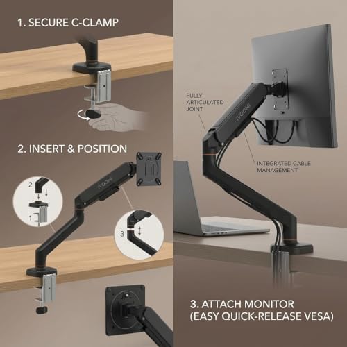 Image of iVOOMi Single Monitor Gas Spring Arm, Fits 15-34 inch Screens, Holds up to 12kg, Dual Mount C-Clamp & Grommet, VESA Mount 75x75 & 100x100mm, 360 Rotation Lift /Tilt /Swivel /Rotate