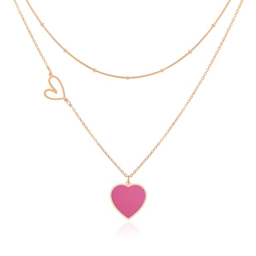 Linawe Collar en forma de corazón rosa para mujer, colgante de cadena de oro rosa, cadena de acero inoxidable, joyas, conjunto de cadenas en capas, llamativo collar con colgante