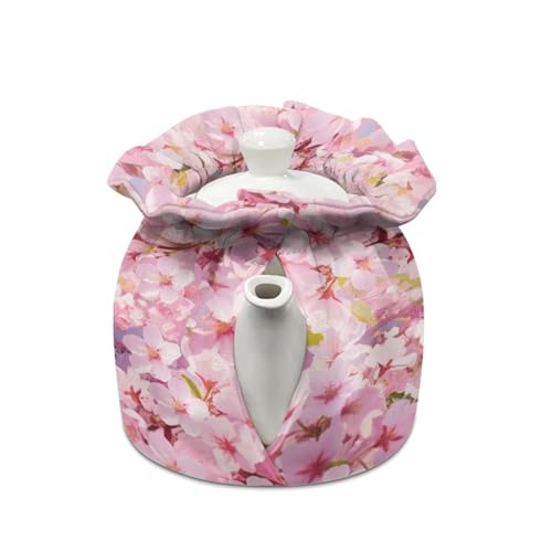 Image of Hedgehog Print Teapot Dust Cover Cherry Blossom Print Tea Cosy for Teapot Insulated Breakfast Warmer Drawstring Design Keep Warm Kitchen Decorations, Pink