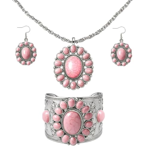 Howlite Jewelry Sets for Women - Turquoise Inspired Western Cowgirl Accessories - Statement Boho Necklace Earrings & Cuff Bracelet Set Beach Necklaces Costume Jewelry Birthday Gifts for Womens