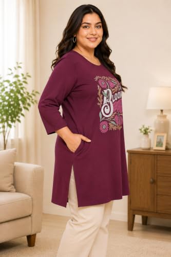 Image of RYSH Women's Plus Size Printed Nightshirt | Round Neck | 3 /4 Sleeve | Relaxed Fit Long Nightwear Top |