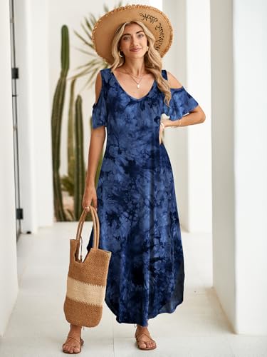 Image of BELAROI Womens Cold Shoulder Maxi Dress Plus Size V Neck Summer Sundresses with Pockets Beach Coverup Vacation Outfits