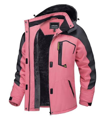 TACVASEN Damen Funktionsjacke Wandern Winterjacke Winddicht Wasserdicht Regenjacke Warm Fleece Snowboardjacke Wetterjacke, Rosa-grau, S