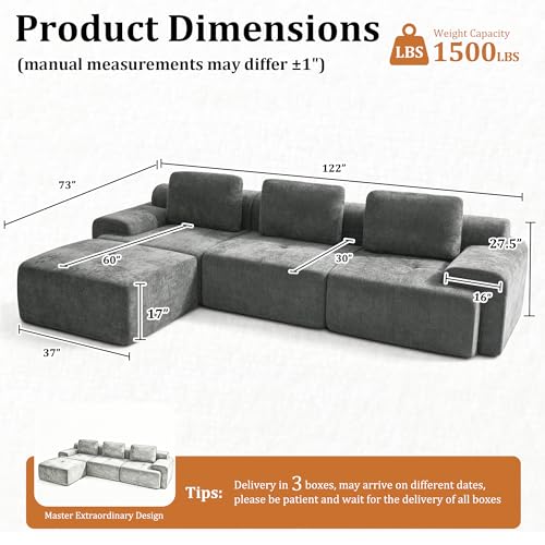 Image of 122 inch L-Shaped Modular Sectional Sofa, Oversized Boneless Cloud Couch for Living Room with Extra Deep Seat & High Back, Tool-Free No Assembly, Soft Chenille (Dark Grey, 122 inch-L Shaped（3+1）)
