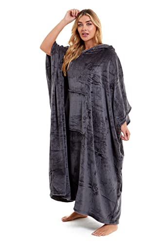 Image of Daisy Dreamer Womens Hooded Poncho Designer Soft Fleece Lounge Wear Blanket Top One Size (Charcoal, One Size)