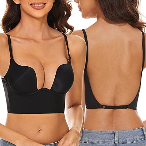 seagallery Womens Low Back Bra Wire Lifting Deep U Shaped Plunge Backless Bra with Convertible Clear Straps Cover