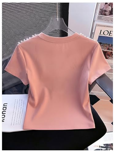 Image of RoseSeek Women's Bow Print Short Sleeve Round Neck Oversized Tops Basic Loose Fit Drop Shoulder Tees for Summer