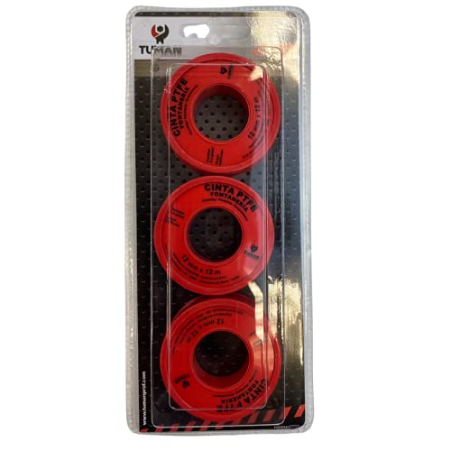 Cinta de PTFE para fontanería, rollo de teflón de 12mt y 12mm, ideal para cualquier rosca de fontanería, densidad 0,3 gr/cm3 y grosor 0,75mm, no inflamable muy elastico. 1 blister x 3 unidades