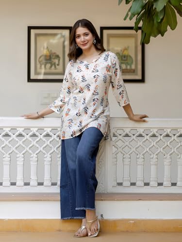 Image of Women's Floral Leaf Print Tunic Top, Beige, Rayon Blend, 3 /4 Sleeve, Notch Neck, Regular Fit, Casual Wear