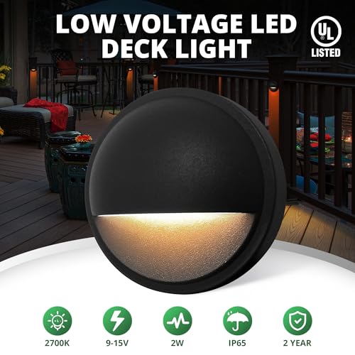 GKOLED Low Voltage LED Deck Lights, Landscape Step Stair Railing Light with 2W Integrated LED Chips, Die-cast Aluminum 12V AC/DC Accent Lighting Fixtures with Black Powder Coated Finish (4-Pack)
