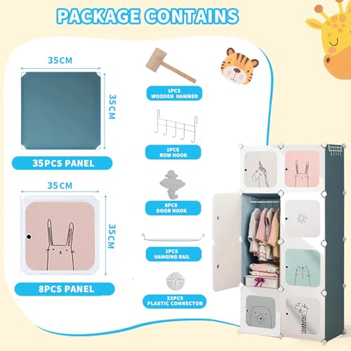 Image of CoolLeaf Plastic Wardrobe for Kids, Cupboard for Bedroom with 8-Cubes Sheets and Hanging Rail, Almirah Plastic for Baby Clothes /Toys /Books, Blue Cartoon