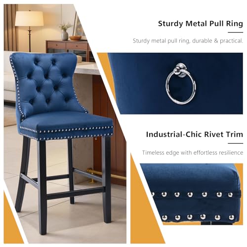 Set de 2 Butacas Velvet SoarNova con Respaldo Alto, Asiento Tapizado y Patas de Madera para Cocina, Color Azul miniatura 6