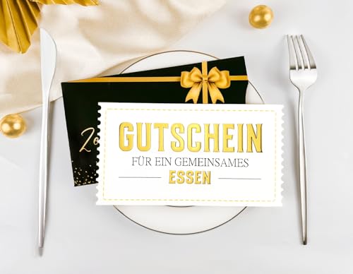 Luckeey Gutschein für ein gemeinsames Essen – Edle Geschenkkarte mit Goldfolie, Umschlag „Zeit anstatt Zeug“ & Rubbelaufkleber und Hülle – Gutscheine zum Selberausfüllen, Gutscheinkarte Essen gehen
