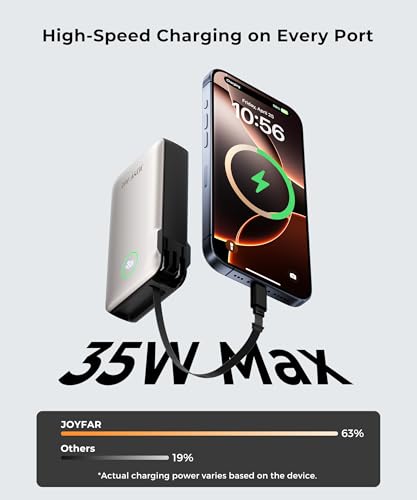 Image of JOYFAR Portable Charger Power Bank - Battery Pack 35W AC Plug GaN 10000mAh Built in Cable USB C Phone Fast Charging Powerbank Compatible with iPhone 16 15 14 13 12 11 X iPad MacBook Samsung (Gold)