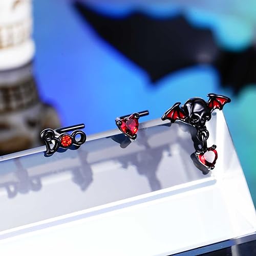 CM Crareesi Mania 3PCS Nose Studs Pack 316L Stainless Steel Black Nose Rings for Halloween 20G L-Shaped Nose Piercing Jewelry Dangle Nose Rings for Men Red CZ Skull Nose Ring3