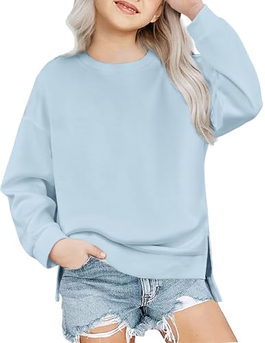 Image of Arshiner Girls Crewneck Sweatshirt Long Sleeve Pullover Tops Drop Shoulder Sweatshirts Side Split