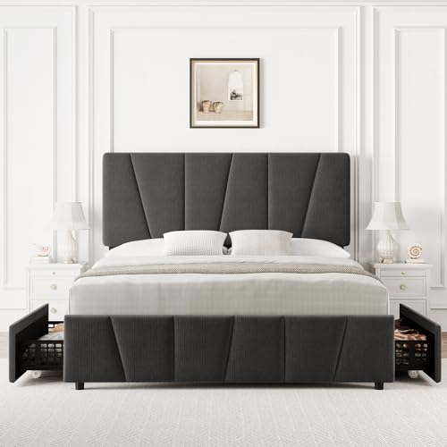 GarveeHome Queen Size Bed Frame with Adjustable Headboard and 2 Storage Drawers, Soft Upholstered Queen Platform Bed Frames with Wooden Slats Support,