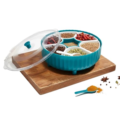 Image of KEATON 360 Rotating Masala Box for Kitchen | 7 Section Spice Container | Rangoli Dabba | Transparent Lid | BPA Free | Green