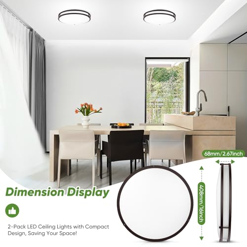 TOBUSA 16in 50W LED Flush Mount Ceiling Lights 5600lm Super Bright, Dimmable LED Light Fixtures 2700K-6500K 5CCT Adjusted, 2-Pack Modern Brown Light Fixture Ceiling for Living Room Bedroom Kitchen