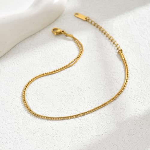 Image of Anklets for Women Dainty CZ Ankle Bracelet 18K Gold Plated Waterproof Boho Dot Star Moon Daisy Ocean Beaded Anklet Trendy Foot Jewelry