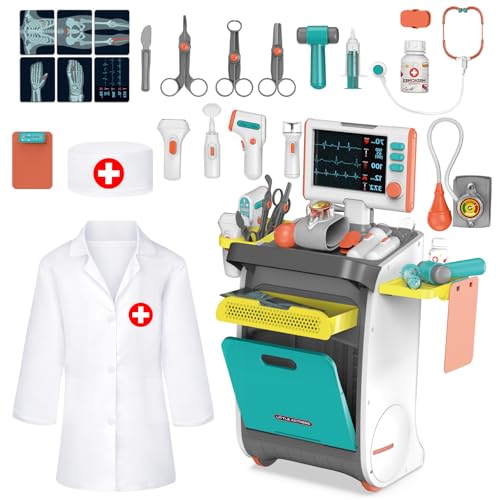 deAO Juego De Doctor para Niños con Bata De Médico y Estetoscopio, Juguetes De Medicos con Luces y Sonido, Maletin Medicos Juguete, Juego De Roles Juguetes Niñas y Niños 3+Años(Azul)