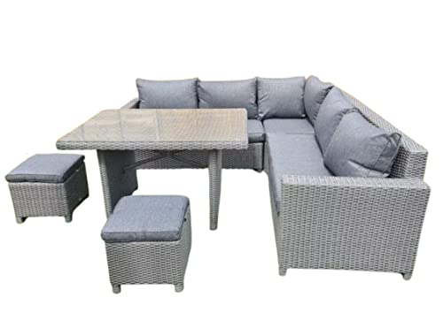 Image of DEVOKO 5 Piece Patio Furniture Set,All Weather Outdoor L Shape Sofa, Rattan Dining Conversation Sectional with Table, Ottomans in Grey Color for Porch, Garden