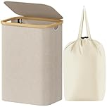 Lifewit 80L Laundry Basket with Lid, Dirty Clothes Bin with Bamboo Handles and A Removable Bag, Large Foldable Washing Basket for Bedroom, Bathroom, Dorm, Laundry Room, Beige