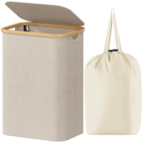 Image of Lifewit 80L Laundry Basket with Lid, Clothes Hampers for Laundry with Bamboo Handles and 1 Removable Bag, Large Foldable Laundry Hamper for Bedroom, Bathroom, Dorm, Laundry Room, Beige