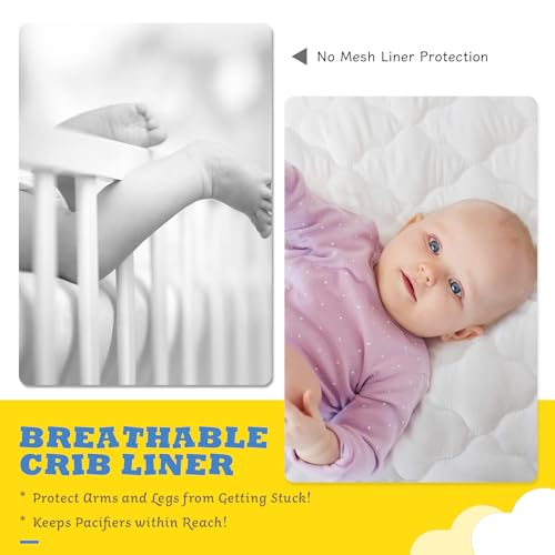 Image of Breathable Mesh Crib Liner for 3 or 4 Side Full-size Crib, Protecting Baby Legs and Arms, Block Pacifier from Falling, 11 inchH (28cm) Essential 3mm Breathable Mesh Liner, Star and Moon Pattern, White