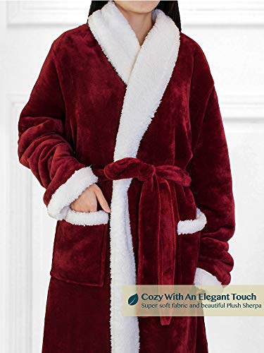 Image of PAVILIA Women's Plush Fleece Robe, Soft Cozy Long Bathrobe with Satin Waffle Trim, Warm Lightweight, Pockets & Tie Belt