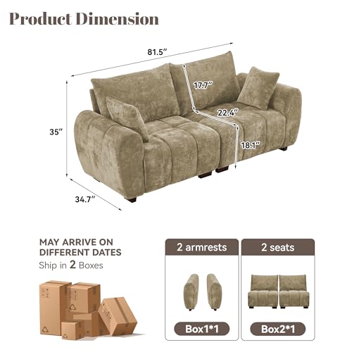 Image of 81.5 inch Chenille Love Seat Sofa, 2 Seater Modular Sectional Couch with Deep Seat, Solid Wood Legs, Cloud Couch for Bedroom, Living Room, Mid Century Modern Loveseat, Tufted Sofa, Brown