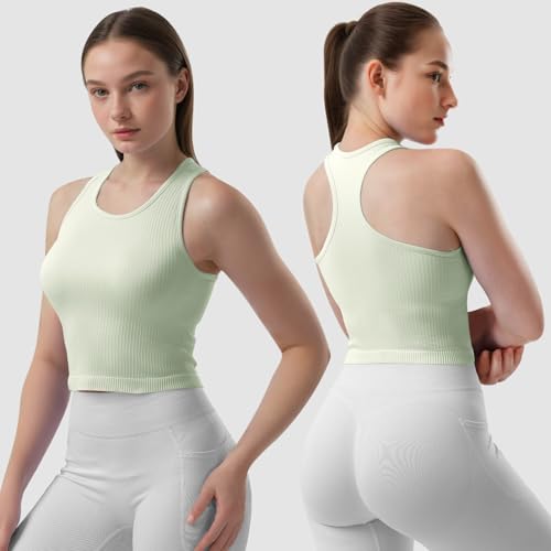 SPORME RUNNING 4er Damen Sport Tops mit integriertem BH Rippiertes Racerback Tank Top Nahtloser Atmungsaktiver Crop Top Camisole für Fitness, Yoga, Gym & Alltag