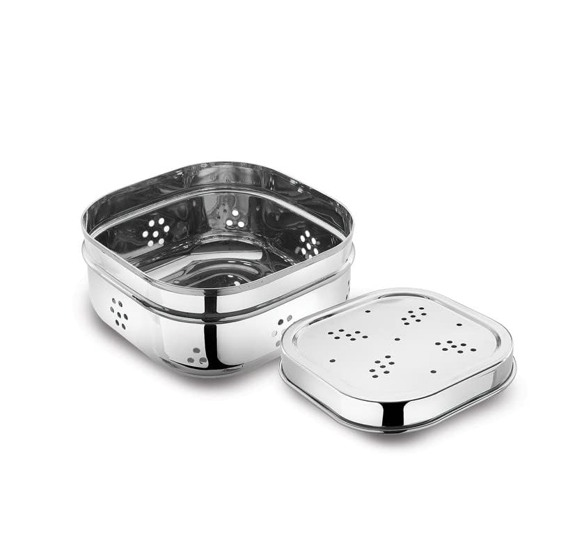 Image of Ajay's Shoppe Stainless Steel Dhaniya Storage Box with Lid (11.7 x 4.5 cm) | Ventilated Kothmir Dibbi, Herb Keeper & Fridge Organizer | Rust-Free