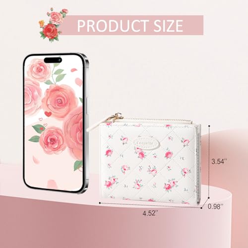 Sunwel Fashion Floral Prints Rose Wallet Small Bifold Wallet with Zipper Coin Purse Card Holder ID Window for Women Girls (CREAM)4